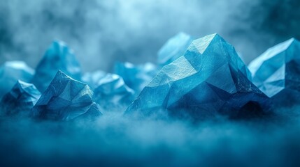   Blue origami-like objects float in the air against a foggy backdrop A blue sky serves as the background - obrazy, fototapety, plakaty