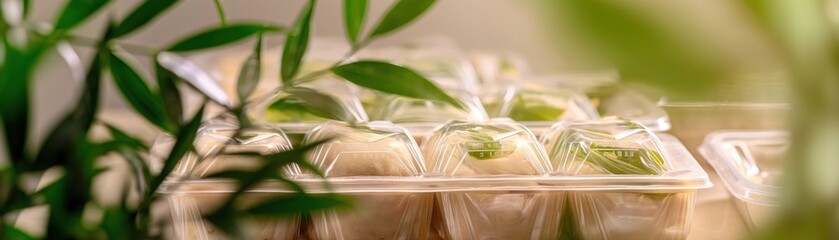 Macro zerowaste food packaging made from plant materials, sustainability focus, clear space