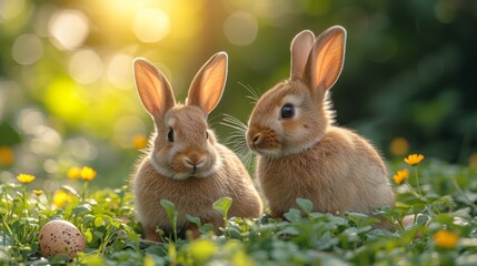 Fototapeta na wymiar Two rabbits seated side by side in a lush grass and flower field, an egg in the foreground