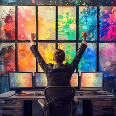 A businessman celebrates with arms raised in front of colorful splash art on multiple monitors - obrazy, fototapety, plakaty