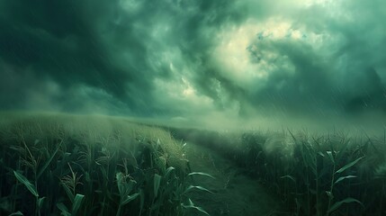 a visually striking scene featuring a corn field set against a turbulent, stormy sky, focusing on...