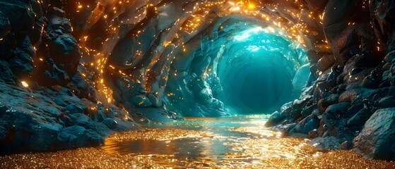 Exploring a Magical Gold Mine Tunnel with Glittering Jewels. Concept Magic, Exploration, Gold Mine, Glittering Jewels, Adventure - obrazy, fototapety, plakaty