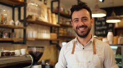 Fototapeta premium A male Turkish barista entrepreneur standing in front of his cafe