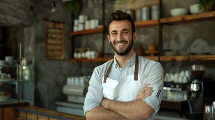 Obraz premium A male Turkish barista entrepreneur standing in front of his cafe