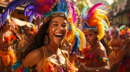 A woman in a colorful costume is smiling and dancing in a parade. The other people in the parade are also wearing colorful costumes and are smiling. Scene is joyful and celebratory