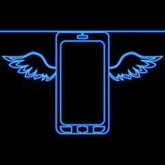 Smart mobile phone flying with wings icon neon glow vector illustration concept