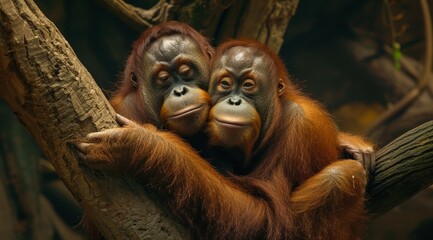 Fototapeta premium Two orangutans sitting on a tree branch, hands touching, gazing at the camera