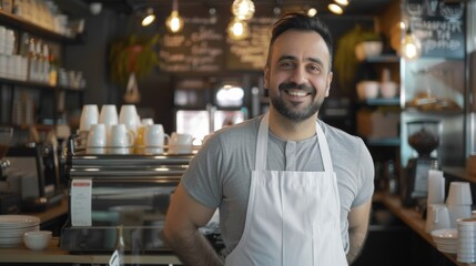 A male Turkish barista entrepreneur standing in front of his cafe