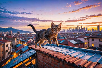 An cat leaping between rooftops at dusk, urban explorer theme