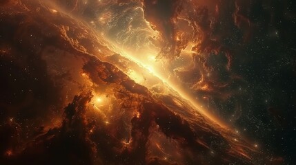 A space scene with a large orange star in the center. The stars are scattered throughout the image, with some closer to the foreground and others further away. Scene is one of wonder and awe