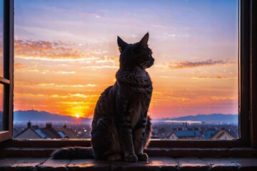 cat's silhouette against a vibrant sunset, sitting on a window ledge 