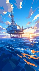 Offshore platform illustration, oil and gas production in ocean or sea, gas and oil production industry, offshore drilling rig