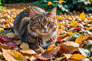 Fototapeta premium A playful tabby cat hiding among some autumn leaves, capturing the hide-and-seek moment