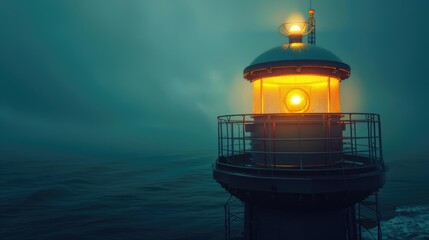 The beacon of a lighthouse shines through the mist over a foggy sea, providing guidance on a mysterious night.
 - Powered by Adobe