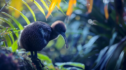 Close-up of a curious kiwi bird exploring its natural habitat, with vibrant foliage creating a...
