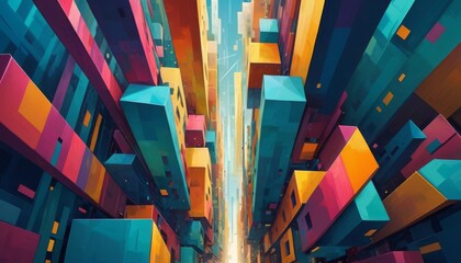 Dynamic abstract rendering of a colorful urban canyon, with a perspective that stretches towards the sky.. AI Generation