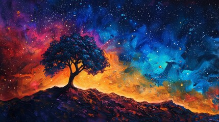 A painting of a tree on a hill with a colorful sky in the background. The painting has a dreamy and peaceful mood, with the tree standing tall and proud against the backdrop of the sky