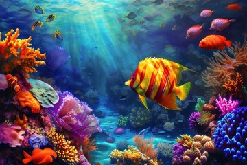 Naklejka na ściany i meble a fish swims near corals beneath sunbeams filtering through the water