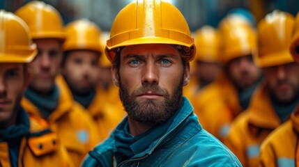   A bearded man in a yellow hard hat stands before a cluster of men, all donning similar headgear