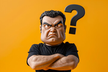 A toy figure with an angry expression stands with crossed arms against a bright yellow background