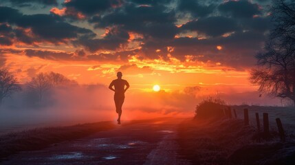 A runner is running on a road with a beautiful sunset in the background. The sky is filled with clouds and the sun is setting, creating a serene and peaceful atmosphere