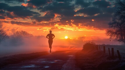 Fototapeta premium A runner is running on a road with a beautiful sunset in the background. The sky is filled with clouds and the sun is setting, creating a serene and peaceful atmosphere