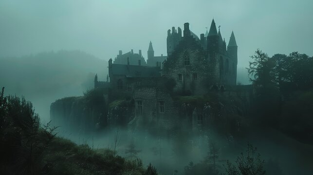 A castle with a foggy sky in the background. The castle is old and abandoned. Scene is eerie and mysterious
