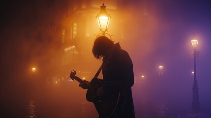 A man is playing a guitar in the rain. The scene is dark and moody, with the man standing in the rain and the street lights casting a warm glow