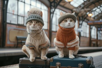 Cute kind funny cats in winter clothes and hats at the railway station with suitcases, children's book