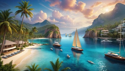 A serene tropical bay at sunset with sailboats, white sandy beach, luxury resorts, and lush mountains creating a perfect paradise getaway.. AI Generation