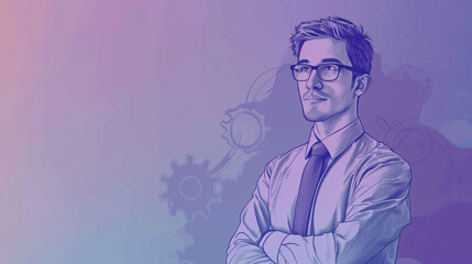 A charismatic man is thinking and working in an environment of modern technology and AI. Copy-space style with a purple background.