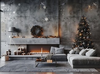 Stylish gray sofa near fireplace against concrete wall with lamps and Christmas tree in modern living room interior, wide angle shot