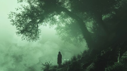 A person is standing in a forest with a tree behind them. Scene is mysterious and eerie - obrazy, fototapety, plakaty