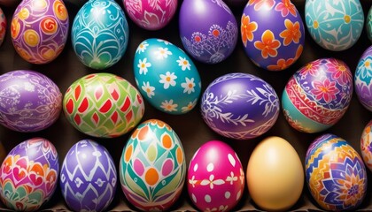 A vibrant collection of hand-painted Easter eggs, displaying intricate patterns and floral designs against a dark background. AI Generation - obrazy, fototapety, plakaty