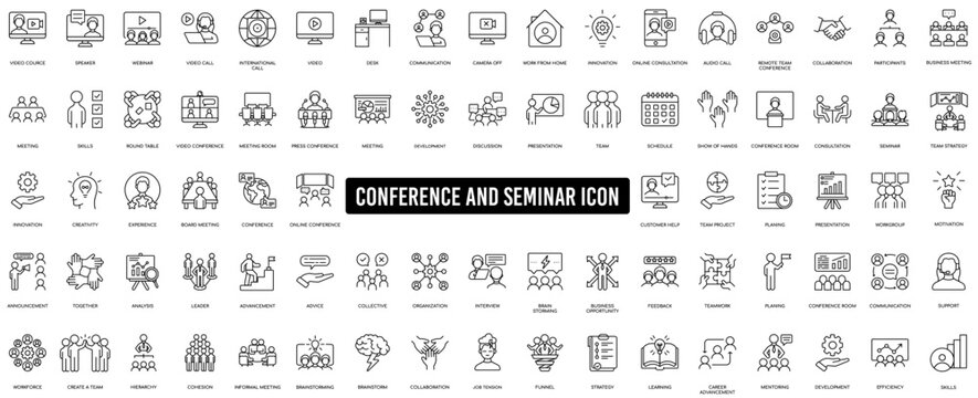 Conference, meeting, business training and team, brainstorm, seminar, interview icon set - Powered by Adobe