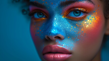   A tight shot of a woman's face and body, adorned with blue, orange, and yellow paint