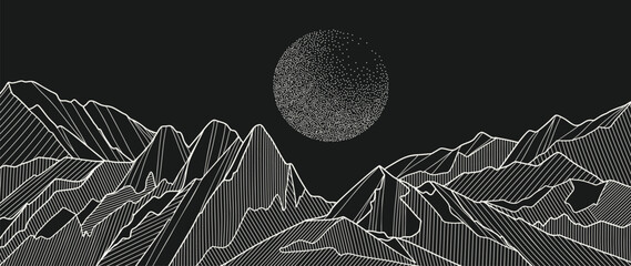 Obraz premium Mountain Hand drawn background vector. Minimal landscape art with line art and moon spot texture. Abstract art wallpaper illustration for prints, Decoration, interior decor, wall arts, canvas prints.