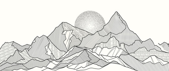 Plakaty  Mountain Hand drawn background vector. Minimal landscape art with line art and moon spot texture. Abstract art wallpaper illustration for prints, Decoration, interior decor, wall arts, canvas prints.