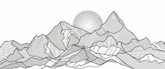 Tapeten Mountain Hand drawn background vector. Minimal landscape art with line art and moon spot texture. Abstract art wallpaper illustration for prints, Decoration, interior decor, wall arts, canvas prints. © TWINS DESIGN STUDIO