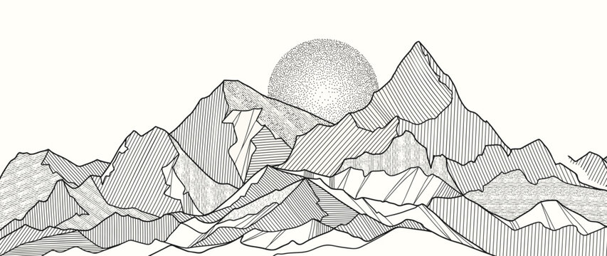 Mountain Hand drawn background vector. Minimal landscape art with line art and moon spot texture. Abstract art wallpaper illustration for prints, Decoration, interior decor, wall arts, canvas prints.