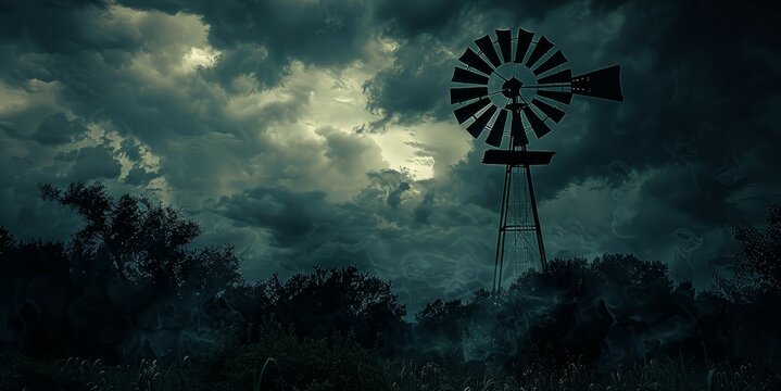 A windmill is standing in a field of trees with a stormy sky in the background