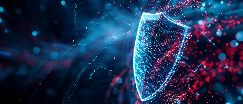 Abstract background with digital shield made of data particles glowing blue blocking against cyber attacks. Concept of cyber security technology and protection in network or system. AI technology.