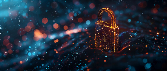 Abstract background with digital padlock glowing in gold, emerging from flow of data particles. Concept of cyber security protection lock with dark blue and yellow bokeh. AI technology.