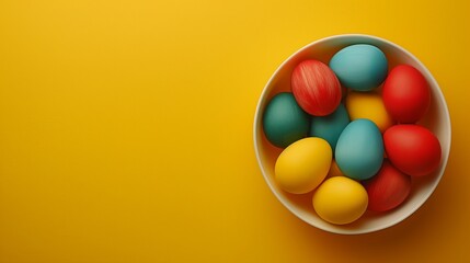 eggs in a white bowl on a yellow background with Copy space.