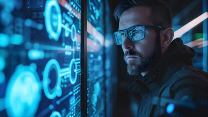 IT security professional working with big data in the dark room, surrounded by digital screens and charts showing network activity. Cyber security specialist analyzing data. 