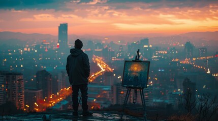 A man stands on a hill overlooking a city at sunset. He is holding a painting easel and a canvas. The painting is of the city skyline at dusk, with the sun setting in the background - obrazy, fototapety, plakaty