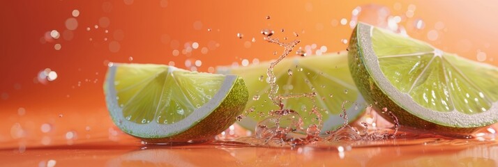 Fresh ripe sliced citrus lemon slices in splashes of water, healthy fruit, banner
