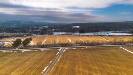 Aerial view of the Canadian agricultural countryside in Quebec in spring