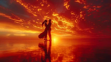 Foto op Plexiglas A couple is dancing on a beach at sunset. The sky is orange and the water is calm © Rattanathip
