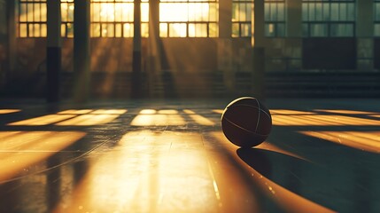 a visually stunning AI-generated image of a basketball ball on the floor of a sport arena, with the gym bathed in sunlight, creating a captivating interplay of shadows and brightness attractive look